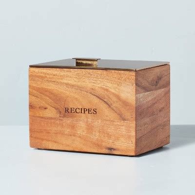 metal recipe box hearth and hand|wooden recipe box with metal lid.